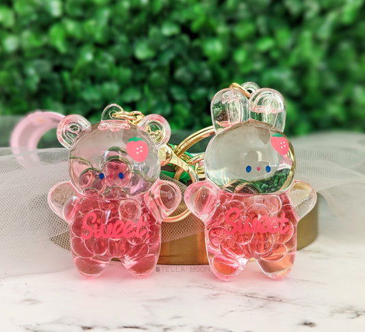 Strawberry Bunny & Bear Liquid Keychain - The Stella Moon Shop