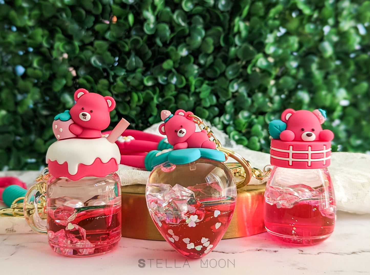 Pink Strawberry Bear Liquid Keychain - The Stella Moon Shop