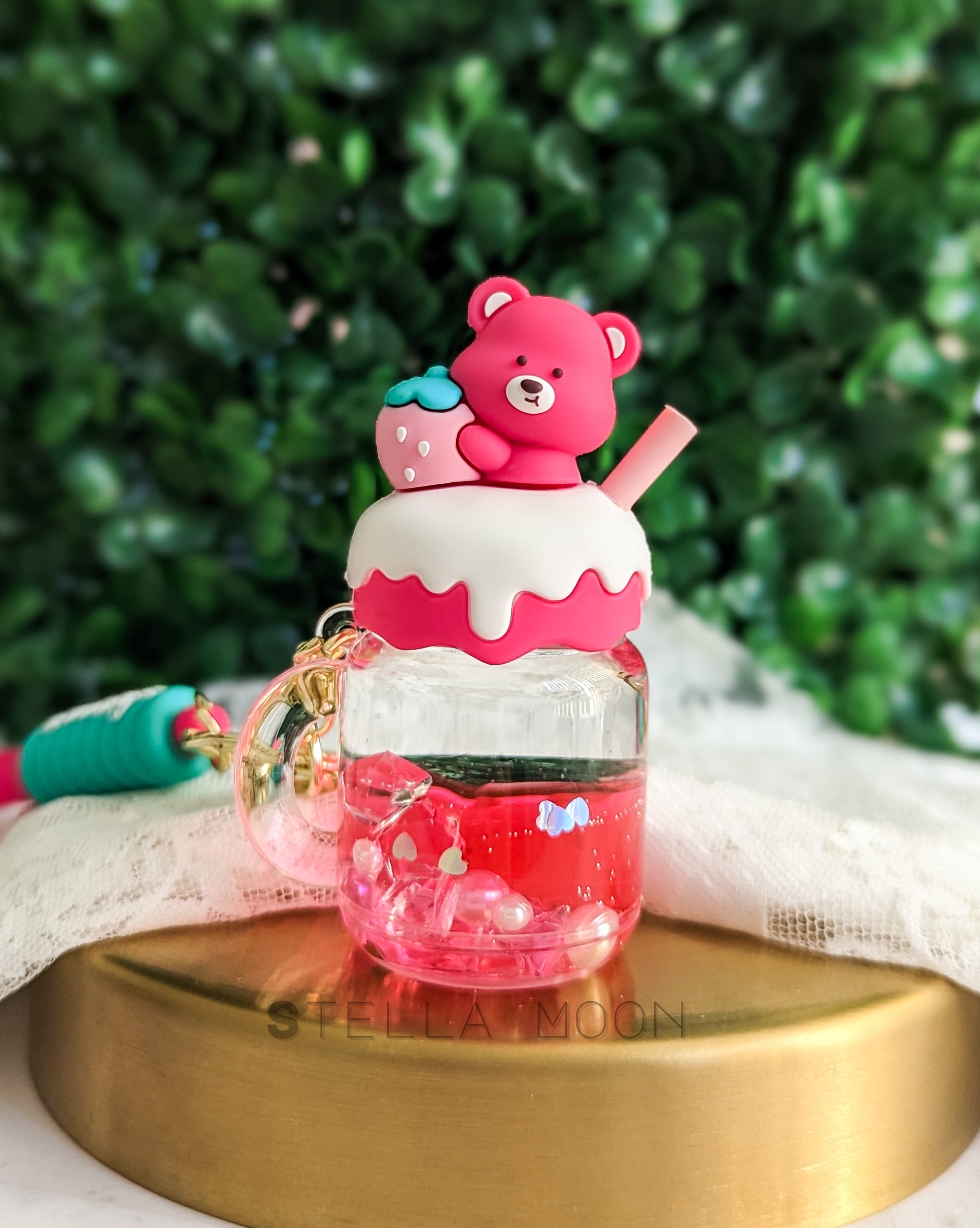 Pink Strawberry Bear Liquid Keychain - The Stella Moon Shop