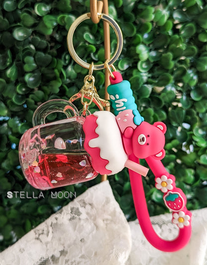 Pink Strawberry Bear Liquid Keychain - The Stella Moon Shop