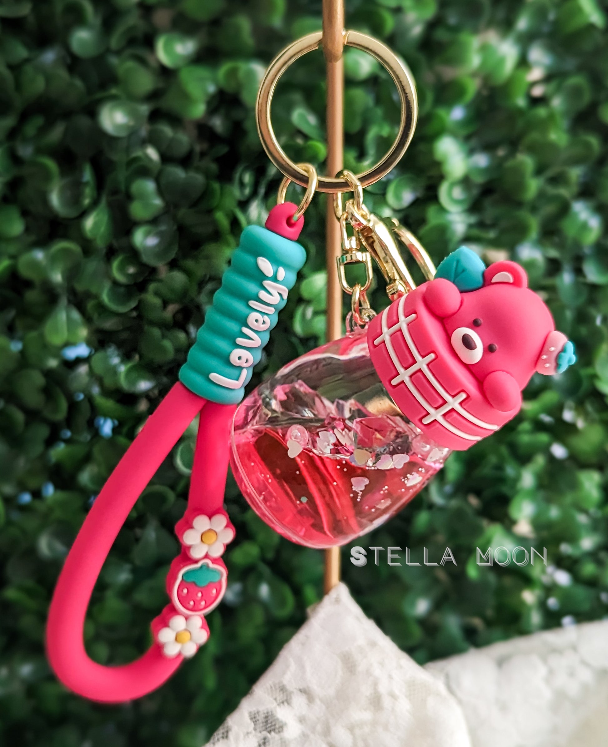 Pink Strawberry Bear Liquid Keychain - The Stella Moon Shop